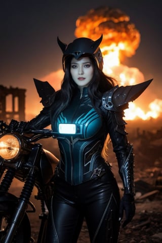 In a future apocalyptic wasteland, a powerful Asian woman donning a venom-inspired face helmet and biomechanical armor flies over the ruins of a burned city on her futuristic motorcycle. The camera zooms in for a close-up shot, showcasing her toned physique and glowing muscle fibers under intense neon light. Her long metal pants feature an intricate embroidery of a tetemic skull that pulsates with energy. In the background, a volcano erupts, casting a dark and sinister glow over the desolate landscape. A nuclear machine hums in the distance, its thermodynamic reactor body emitting a mesmerizing blue-purple gradient. The woman's gaze is fierce, her eyes burning with an inner power as she soars through the chaotic, post-apocalyptic world.