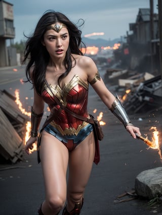 Epic CG masterpiece, Wonder Woman, hdr,dtm, full ha, charging forward battlefield, the burst meteor, the fierce battle of fighting with his life, 8K, ultra detailed graphic tension, dynamic poses, stunning colors, 3D rendering, surrealism, cinematic lighting effects, realism, 00 renderer, super realistic, full - body photos, super vista, super wide Angle, HD