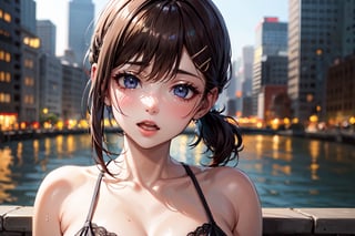 Kobeni Higashiyama, (pixel-perfect, detail-perfect), masterpiece, best quality, (illustration), (beautiful detailed eyes), (1girl, solo), (beautiful detailed hair),

(City skyline, river, clear weather, buildings), Bokeh background, Soft ambient lighting,

kobeni higashiyama, brown hair, hair ornament, hairclip, ponytail, short hair, brown eyes, nervous, Floral maxi dress

shy glance, (sensual gaze), close-up shot, lips in focus, tongue out, Slobber