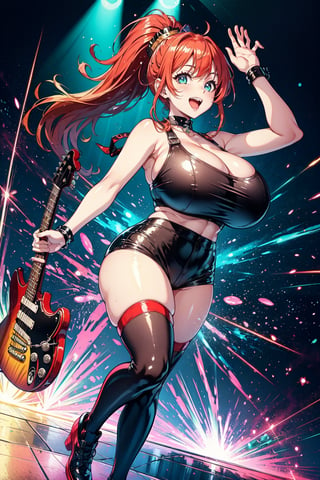 A full body shot of a female teenager, vermillion red hair, wearing a sparkly outfit, ponytail, Electric guitar on stage, Her long hair bounces with each hit as she plays a lively rhythm, her eyes shining with excitement. psychodelic lighting create a dreamy atmosphere, while the composition emphasizes her joyful energy. Leather rocker outfit, tight tanktop, big breasts, big tits, bis chest, wide hips, cute smile