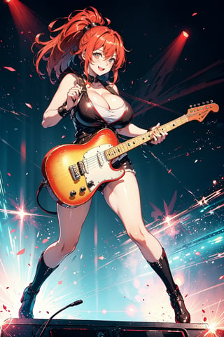 A full body shot of a female teenager, vermillion red hair, wearing a sparkly outfit, ponytail, Electric guitar on stage, Her long hair bounces with each hit as she plays a lively rhythm, her eyes shining with excitement. psychodelic lighting create a dreamy atmosphere, while the composition emphasizes her joyful energy. Leather rocker outfit, tight tanktop, big breasts, big tits, bis chest, wide hips, cute smile