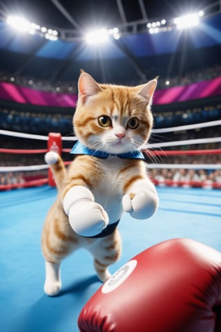 8K, UHD, low-angle perspective, panoramic, photo-realistic, first-person view, cinematic, olympics cats competing in boxing, crowd in background blur