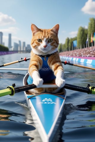 8K, UHD, low-angle perspective, panoramic, photo-realistic, first-person view, cinematic,  cats competing in olympics 2024 boat rowing