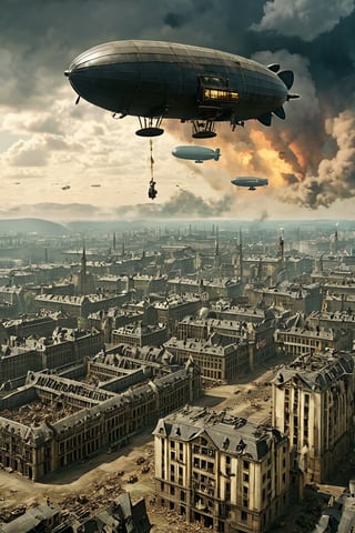 8K, UHD, panaromic perspective, photo-realistic, cinematic, female german soldier, first-person-view from building, photo of many german steampunk blimps in sky, many fighter aircrafts, volumetric cinematic dark light, vintage tinted, dystopian lighting, masterpiece, dark clouds, world war 2, perfect composition, pilot with gas mask in blimp, dystopian skies, old photograph colour, war scene, battle, nazi soldier, tall building, devastation below, demolished buildings, multiple explosions, bombs dropping