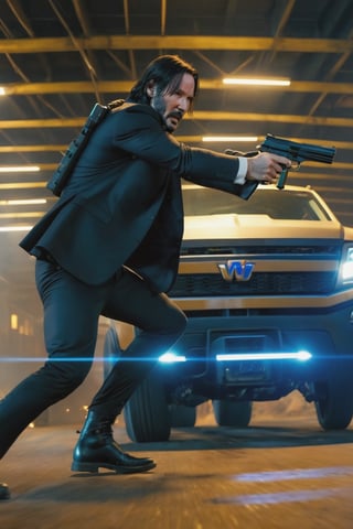 8K, UHD, first-person low-angle perspective, panoramic, photo-realistic, cinematic, destopian lighting, John Wick with pistol driving a truck, spark from pistol, bullets flying, shooting at multiple enemies in armoured suit, fighting scene from John Wick movie