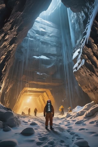 8K, UHD, wide-angle perspective, photo-realistic, cinematic, dystopian misty skies, antarctica secret snow base, 5-storey tall futuristic time capsule, explorers and scientists in winter suit standing in massive underground cave, underworld filled with ancient technology, reflective sky mirroring the actual world on the ground, center of the earth, creepy caves, secret undiscovered world, experimental excavation equipments, prehistorical mystery creatures