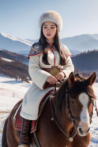 masterpiece, best quality, 1girl, solo, ((beautiful chinese female)), round pupils, long hair, ros cheeks, ancient princess riding a horse, on a snowy field with pine trees, Mongolia costume and traditional winter fur hat, (detailed) (intricate) (8k) (cinematic lighting) (sharp focus)