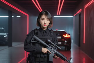 8k uhd, dslr, high quality, film grain, Fujifilm XT3,  (asian girl pointing a CAR-15 Carbine rifle:1.3), short gray hair, black paramilitary uniform, dark room interiors, (Hall with a large amount of red laser streaks:1.1), (many long streaks of red laser) (corridor with a lot of lasers criss-crossing:1.1) (Hallway with random red laser streaks:1.1), massive explosions, flashing lights,(photorealistic photo: 1.1), vivid colors, bokeh, warm color palette, dramatic lighting, no smile,aesthetic portrait