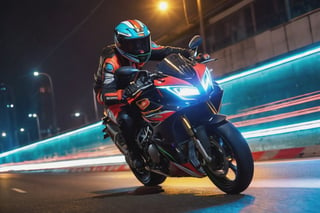 8K, UHD, low angle shot, photo-realistic, cinematic, dramatic angle crop, night street buildings scene with neon streaks, dark night, slow shutter speed, (big motorbike banking very super low:1.1) knee touching road, eyes seen through helmet, rider wearing gp racewear, beautiful 1800cc futuristc bike with neon lights, focused look, depth of field, small sparks on wheel, smoke on back wheel, wild chased by emergency vehicle in background