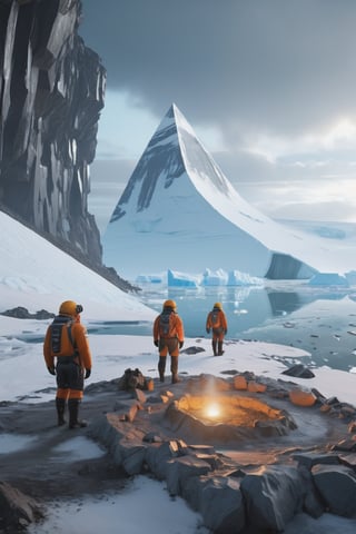 8K, UHD, wide-angle perspective, photo-realistic, cinematic, dystopian misty skies, antartica secret snow base, explorers and scientists in winter suit standing on a indoor cliff overlooking a different dimension, filled with research building, reflective sky mirroring the ground, lost in liminal space, snow-covered pyramids, beeple. octane render, creepy caves, underworld, secret undiscovered world, many antarctica explorers, prehistorical mystery