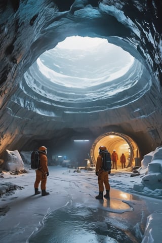 8K, UHD, wide-angle perspective, photo-realistic, cinematic, dystopian misty skies, antarctica secret snow base, 5-storey tall futuristic time capsule, explorers and scientists in winter suit standing in massive underground cave, underworld filled with ancient technology, reflective sky mirroring the actual world on the ground, center of the earth, creepy caves, secret undiscovered world, experimental excavation equipments, prehistorical mystery creatures