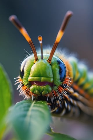 8K, UHD, super macro shot, ultra clear subject,   photo-realistic (caterpillar on plant:1.2) dramatic crop, ƒ/0.8, depth_of_field, 1/2000 shutter speed, super detailed, focus on eyes, insane details, blur background, magnification of 400x