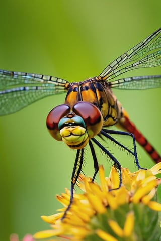 8K, UHD, super macro shot, ultra clear subject,   photo-realistic (dragonfly on plant:1.2) dramatic crop, ƒ/0.8, depth_of_field, 1/2000 shutter speed, super detailed, focus on eyes, insane details, blur background, magnification of 800x, flower