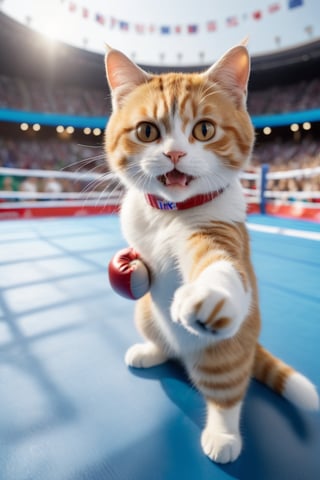 8K, UHD, low-angle perspective, panoramic, photo-realistic, first-person view, cinematic, olympics cats competing in boxing, crowd in background blur