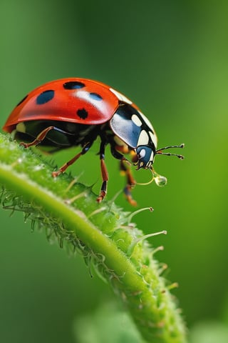 8K, UHD, super macro shot, ultra clear subject,   photo-realistic (ladybug opening it's wings on plant:1.2) dramatic crop, ƒ/0.8, depth_of_field, 1/2000 shutter speed, super detailed, focus on eyes, insane details, blur background, magnification of 200x