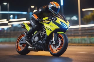 8K, UHD, low angle shot, photo-realistic, cinematic, dramatic angle, night street scene, slow shutter speed, 1600cc big motorbike racer banking very low on a bend, eyes seen through helmet, beautiful futuristc bike with neon lights, focused look, depth of field, small sparks