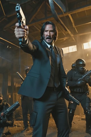 8K, UHD, first-person low-angle perspective, panoramic, photo-realistic, cinematic, destopian lighting, John Wick with pistol, spark from pistol, bullets flying, multiple enemies in armoured suit fighting scene from John Wick movie