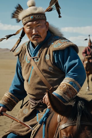 8K, UHD, panaromic shot, photo-realistic, cinematic, dark light, dystopian lighting, photo of ancient mongolians, old man, multiple mongol warriors, tanned skin, perfect composition, detailed intricate ancient mongolian fashion, fighters shooting bows and arrows, swords, war scene, battle, detailed patterned headwear, fur, riding horses, sand volumetric, masterpiece, tents, charging on horses, gobi desert.