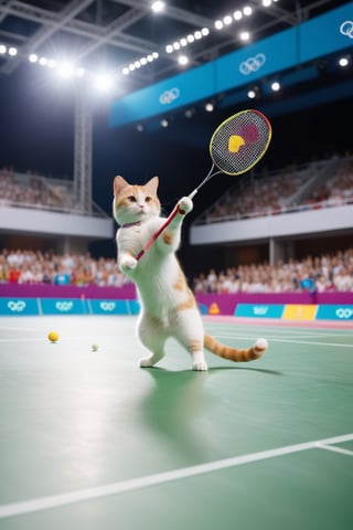 8K, UHD, low-angle perspective, panoramic, photo-realistic, first-person view, cinematic, olympics cats competing in badminton, crowd in background blur