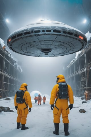 8K, UHD, wide-angle perspective, photo-realistic, cinematic, dystopian misty skies, explorers and scientists in winter suit, antarctica secret underground hangar, giant UFO craft, strange secret undiscovered world, 