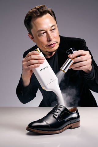 8K, UHD, wide-angle perspective, photo-realistic, cinematic, Elon Musk spraying perfume into shoes, ultra fine vapour,  word "Musk" on bottle