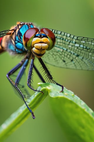 8K, UHD, super macro shot, ultra clear subject,   photo-realistic (dragonfly on plant:1.2) dramatic crop, ƒ/0.8, depth_of_field, 1/2000 shutter speed, super detailed, focus on eyes, insane details, blur background, magnification of 800x, flower