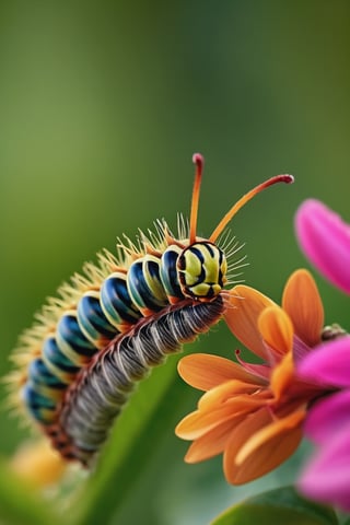 8K, UHD, super macro shot, ultra clear subject,   photo-realistic (caterpillar on plant:1.2) dramatic crop, ƒ/0.8, depth_of_field, 1/2000 shutter speed, super detailed, focus on eyes, insane details, blur background, magnification of 100x, flower