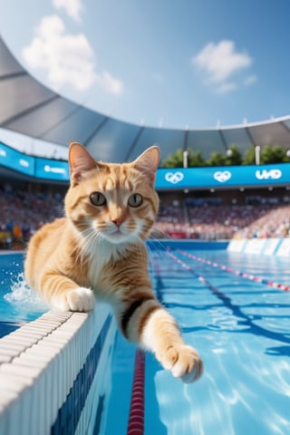 8K, UHD, low-angle perspective, panoramic, photo-realistic, first-person view, cinematic, olympics cats competing in pool diving, olympics billboards, crowd in background blur