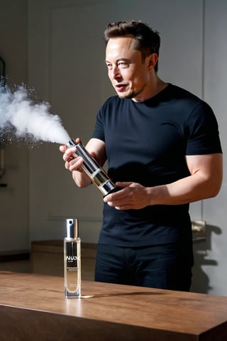 8K, UHD, wide-angle perspective, photo-realistic, cinematic, Elon Musk pressing nozzle of perfume, spraying perfume under his under arm, very fine sprayed from nozzle, clothed, word "Musk" on bottle