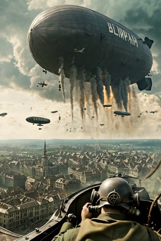 8K, UHD, panaromic perspective, photo-realistic, cinematic, german soldier shooting at buildings, first-person-view from airship cockpit, photo of many german steampunk blimps in sky, many fighter aircrafts, volumetric cinematic dark light, vintage tinted, dystopian lighting, masterpiece, dark clouds, world war 2, perfect composition, pilot with gas mask in blimp, dystopian skies, old photograph colour, war scene, battle, nazi soldier, tall building, devastation below, demolished buildings, multiple explosions, bombs dropping