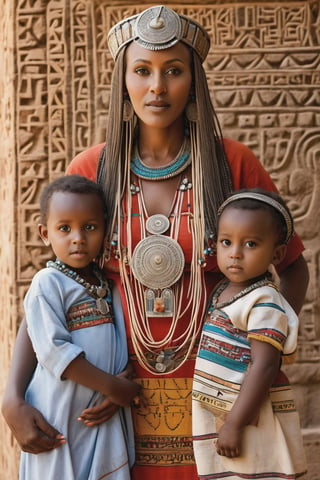 8K, UHD, portrait, full_body perspective, photo-realistic, cinematic, photo of ancient ethopia mother with children, 800 BCE, dark skin, perfect composition, beautiful detailed intricate ancient Lalibela style fashion, detailed patterned fabric headwear, stone jewelry, perfect light, masterpiece, extravagant city of Aksum palace, stone churches, Sabean architecture, obelisk with carvings, Aksumite Civilizations, pet fox