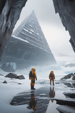 8K, UHD, wide-angle perspective, photo-realistic, cinematic, dystopian misty skies, antartica secret snow base, explorers and scientists in winter suit standing on a indoor cliff overlooking a different dimension, underworld filled with research building, reflective sky mirroring the actual world on the ground, lost in liminal space, snow-covered pyramids, ground oil drills. octane render, creepy caves, secret undiscovered world, many antarctica explorers wit experimental equipments, prehistorical mystery creatures