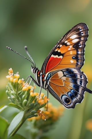 8K, UHD, super macro shot, ultra clear subject,   photo-realistic (butterfly on plants:1.2) dramatic crop, ƒ/0.8, depth_of_field, 1/2000 shutter speed, super detailed, focus on eyes, insane details, blur background, magnification of 200x, flower