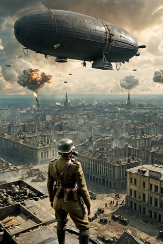 8K, UHD, panaromic perspective, photo-realistic, cinematic, female german soldier, first-person-view from top of building, photo of many german steampunk blimps in sky, many fighter aircrafts, volumetric cinematic dark light, vintage tinted, dystopian lighting, masterpiece, dark clouds, world war 2, perfect composition, pilot with gas mask in blimp, dystopian skies, old photograph colour, war scene, battle, nazi soldier, tall building, devastation below, demolished buildings, multiple explosions, bombs dropping