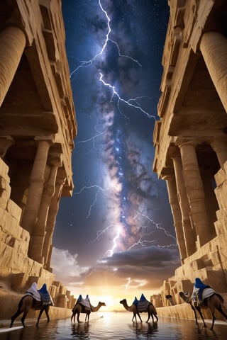 8K, UHD, low-angle ground view, photo-realistic, cinematic, first-person perspective, (surface smooth:1.2) white Agate marble pyramid, pure gold capstone, narrow canal of water across dessert, lightning sparks emitting from tip, egyptians in robes and hoodie herding camels, perfect lighting, stunning, dim skies, constellations clearly seen in skies, cosmic alignment 