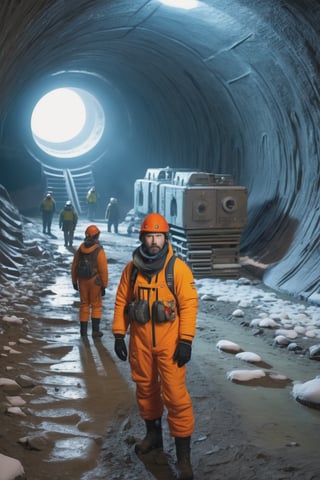 8K, UHD, wide-angle perspective, photo-realistic, cinematic, dystopian misty skies, antarctica secret snow base, 5-storey tall futuristic time capsule, explorers and scientists in winter suit standing in massive underground tunnel, underworld filled with ancient technology, reflective sky mirroring the actual world on the ground, center of the earth,  secret undiscovered world, experimental excavation equipments, prehistorical mystery creatures