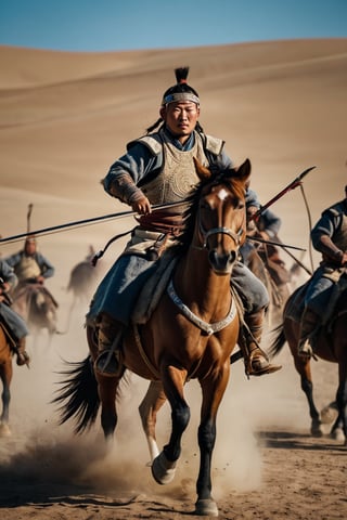 8K, UHD, panaromic shot, photo-realistic, cinematic, dark light, dystopian lighting, photo of mongolians, multiple mongol warriors, tanned skin, perfect composition, detailed intricate ancient mongolian fashion, fighters shooting bows and arrows, swords, war scene, battle, depth of field, fur, riding horses, sand volumetric, masterpiece, tents, charging on horses, gobi desert.