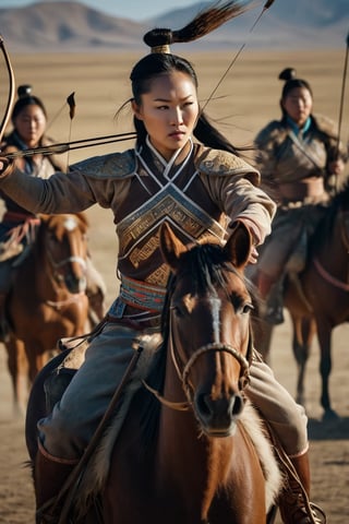 8K, UHD, panaromic shot, photo-realistic, cinematic, dark light, dystopian lighting, photo of ancient mongolians, female drawing arrow, multiple mongol warriors, tanned skin, perfect composition, detailed intricate ancient mongolian fashion, fighters shooting bows and arrows, swords, war scene, battle, detailed patterned headwear, fur, riding horses, sand volumetric, masterpiece, tents, charging on horses, gobi desert.