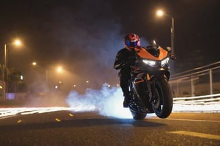 8K, UHD, low angle shot, photo-realistic, cinematic, dramatic angle crop, night street buildings scene with neon streaks, dark night, slow shutter speed, (big motorbike banking very super low:1.1) knee touching road, eyes seen through helmet, rider wearing gp racewear, beautiful 1800cc futuristc bike with neon lights, focused look, depth of field, small sparks on wheel, smoke on back wheel,  chased by law enforcement car in background