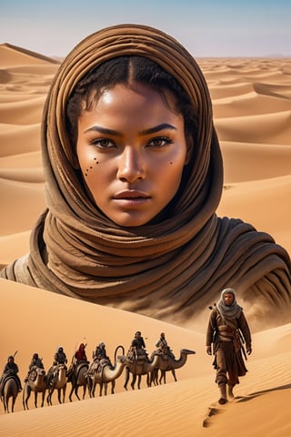 8K, UHD, wide-angle perspective, panoramic, photo-realistic, cinematic, realistic skin texture and natural skintone, many multiple tribesmen nomads with advanced weapons, pretty girl nomadic desert tribe people, dangerous sand dunes, sandworm monsters, many huge spice harvesters, scene from dune movie, sandworms