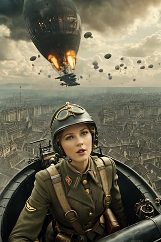 8K, UHD, panaromic perspective, photo-realistic, cinematic, female german soldier, first-person-view from airship cockpit, photo of many german steampunk blimps in sky, many fighter aircrafts, volumetric cinematic dark light, vintage tinted, dystopian lighting, masterpiece, dark clouds, world war 2, perfect composition, pilot with gas mask in blimp, dystopian skies, old photograph colour, war scene, battle, nazi soldier, tall building, devastation below, demolished buildings, multiple explosions, bombs dropping