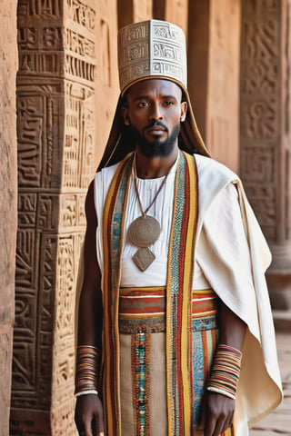 8K, UHD, portrait, full_body perspective, photo-realistic, cinematic, photo of ancient ethopia priest, 800 BCE, dark skin, perfect composition, beautiful detailed intricate ancient Lalibela style fashion, detailed patterned fabric headwear, stone jewelry, perfect light, masterpiece, extravagant city of Aksum palace, stone churches, Sabean architecture, obelisk with carvings, Aksumite Civilizations, pet sheep