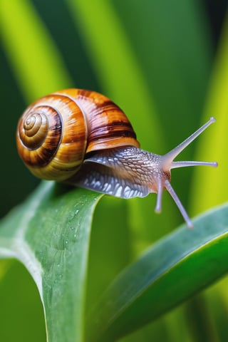 8K, UHD, super macro shot, ultra clear subject,   photo-realistic (snail on plant:1.2) dramatic crop, ƒ/0.8, depth_of_field, 1/2000 shutter speed, super detailed, focus on eyes, insane details, blur background, magnification of 600x