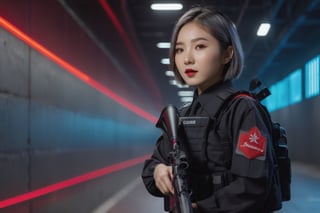 8k uhd, dslr, high quality, film grain, Fujifilm XT3,  (asian girl pointing a CAR-15 Carbine rifle:1.3), short gray hair, black paramilitary uniform, dark room interiors, (Hall with a large amount of red laser streaks:1.1), (many long streaks of red laser) (corridor with a lot of lasers criss-crossing:1.1) (Hallway with random red laser streaks:1.1), massive explosions, flashing lights,(photorealistic photo: 1.1), vivid colors, bokeh, warm color palette, dramatic lighting, no smile, dynamic poses