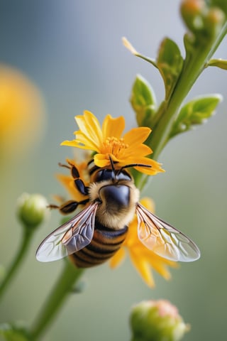 8K, UHD, super macro shot, ultra clear subject,   photo-realistic (bee hovering on plant:1.2) dramatic crop, ƒ/0.8, depth_of_field, 1/2000 shutter speed, super detailed, focus on eyes, insane details, blur background, magnification of 200x, flower