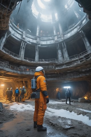 8K, UHD, wide-angle perspective, photo-realistic, cinematic, dystopian misty skies, antarctica secret snow base, 5-storey tall futuristic time capsule, explorers and scientists in winter suit standing in massive underground building, underworld filled with ancient technology, reflective sky mirroring the actual world on the ground, center of the earth,  secret undiscovered world, experimental excavation equipments, prehistorical mystery creatures