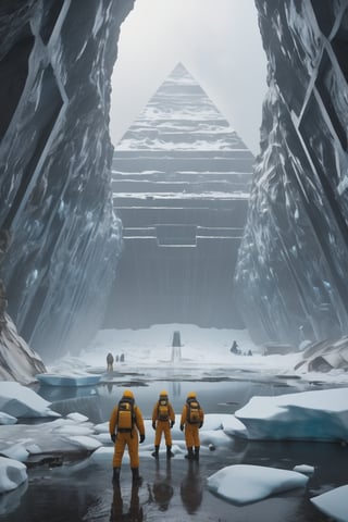 8K, UHD, wide-angle perspective, photo-realistic, cinematic, dystopian misty skies, antartica secret snow base, explorers and scientists in winter suit standing on a indoor cliff overlooking a different dimension, underworld filled with research building, reflective sky mirroring the actual world on the ground, lost in liminal space, snow-covered pyramids, ground oil drills. octane render, creepy caves, secret undiscovered world, many antarctica explorers wit experimental equipments, prehistorical mystery creatures