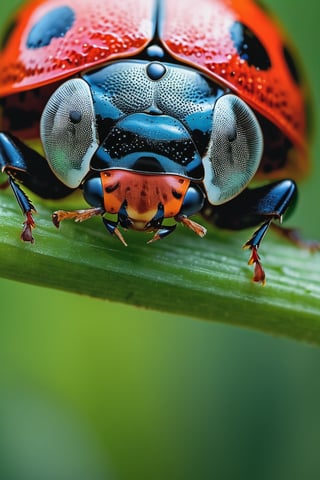 8K, UHD, super macro shot, ultra clear subject,   photo-realistic (ladybug opens wings on plant:1.2) dramatic crop, ƒ/0.8, depth_of_field, 1/2000 shutter speed, super detailed, focus on eyes, insane details, blur background, magnification of 800x, flower