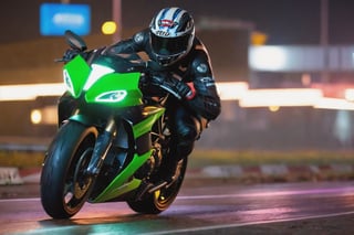 8K, UHD, low angle shot, photo-realistic, cinematic, dramatic angle crop, night street buildings scene with neon streaks, dark night, slow shutter speed, (big motorbike banking very super low:1.1) knee touching road, eyes seen through helmet, rider wearing gp racewear, beautiful 1800cc futuristc bike with neon lights, focused look, depth of field, small sparks on wheel, smoke on back wheel, wild chased by emergency vehicle in background