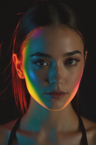 8K, UHD, medium format shot, photo-realistic, cinematic, slow exposure rainbow lights, totally dark indoor environment, minimal lighting, portrait of pretty model girl in fully dark room with no light. all black environment, all black walls, cast with colourful gobo light projection on face, (illuminate face only:1.1) multi colourful straight parallel rows of light rainbow reflect on face, partial face in ultra dark shadow, 